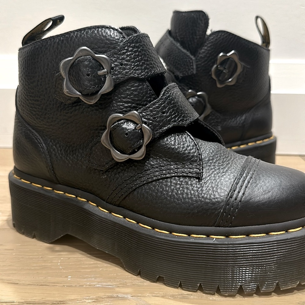 Dr Martens Devon Flower Buckle Leather Platform Boots